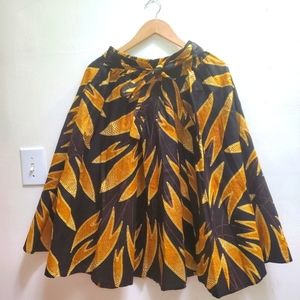 African Ankara Print Skirt Wax Pockets Flowy Fit & Flare Black Gold One Size